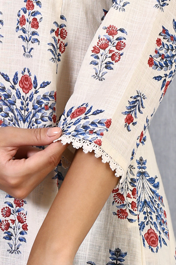 White Floral Printed Lace Pure Cotton Flared Kurta