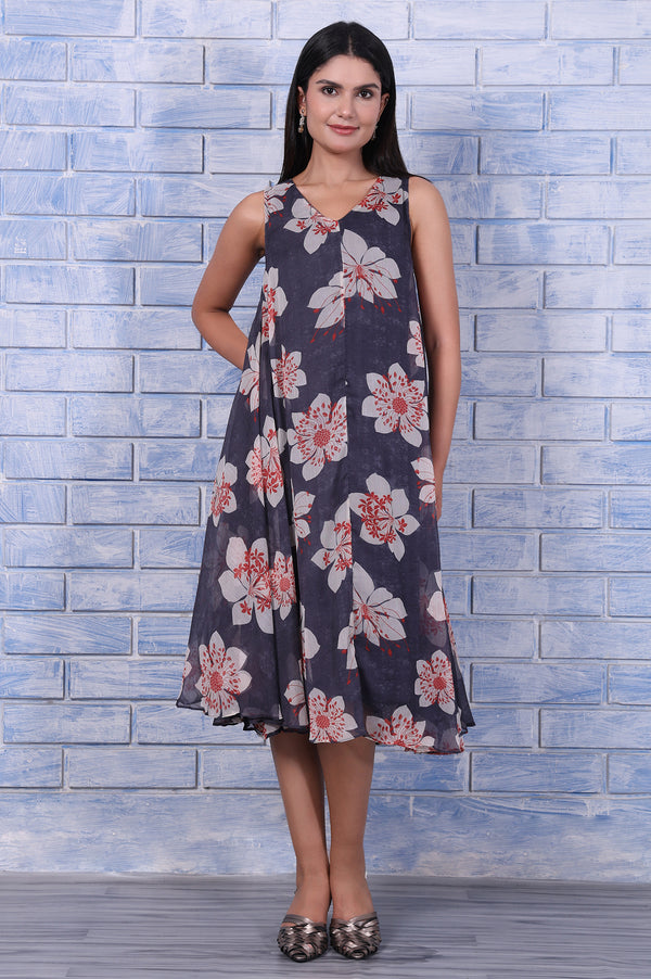 Grey Floral Printed Silver Chiffon Flared Dress