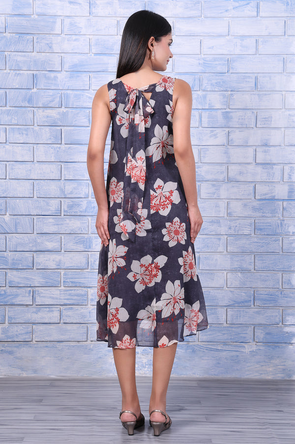 Grey Floral Printed Silver Chiffon Flared Dress