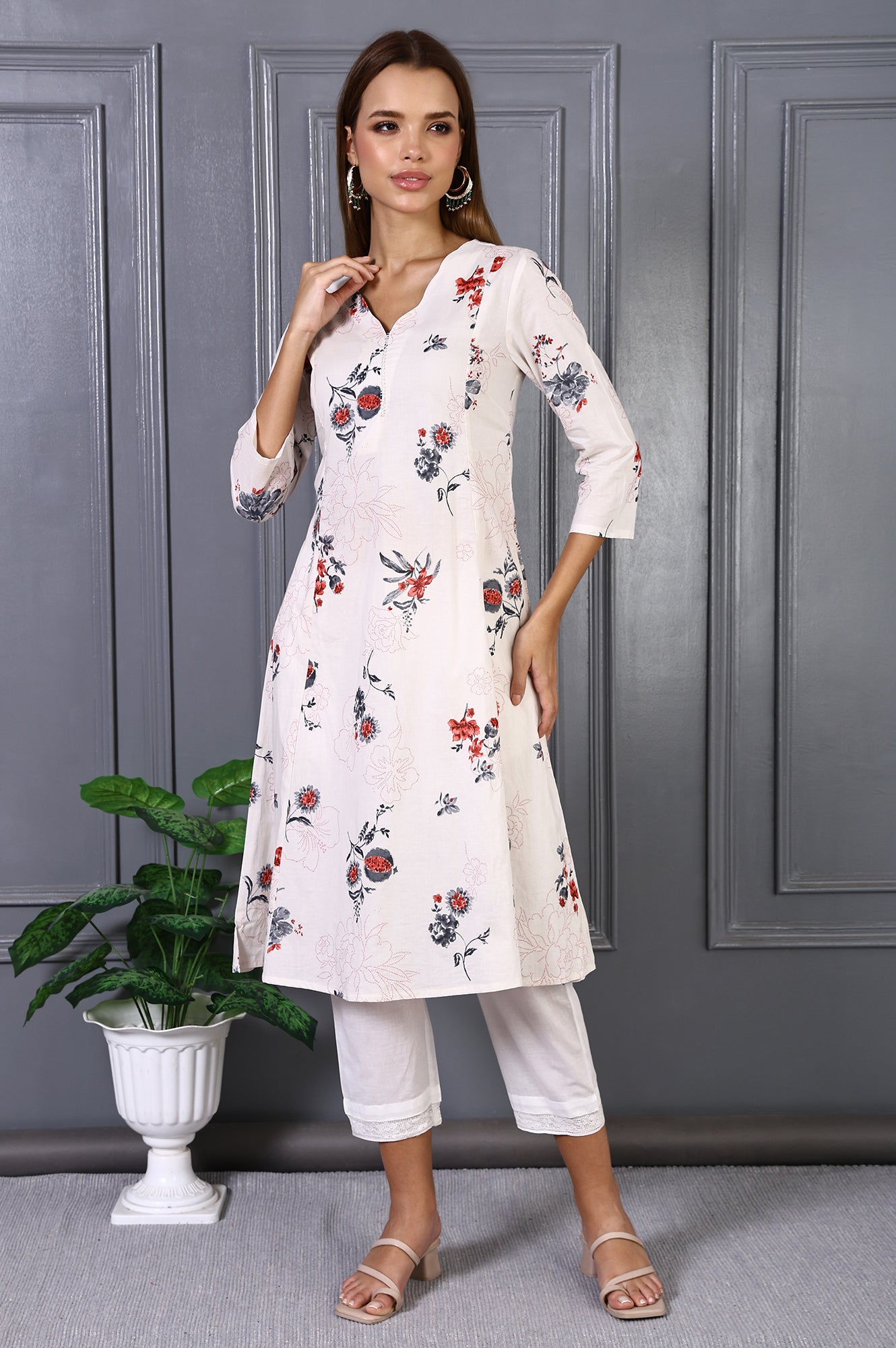 Off White Floral Printed Pure Cotton Flared Kurta