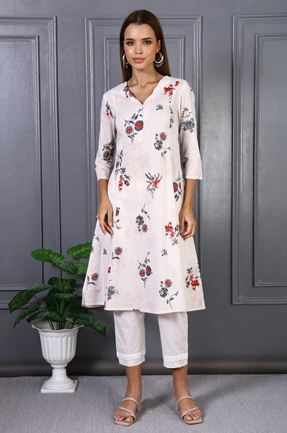 Off White Floral Printed Pure Cotton Flared Kurta
