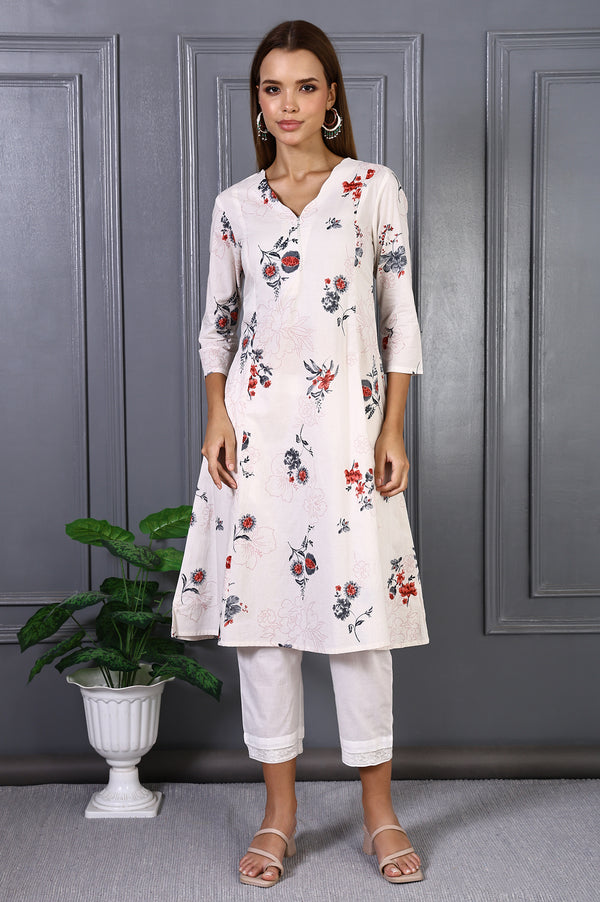 Off White Floral Printed Pure Cotton Flared Kurta