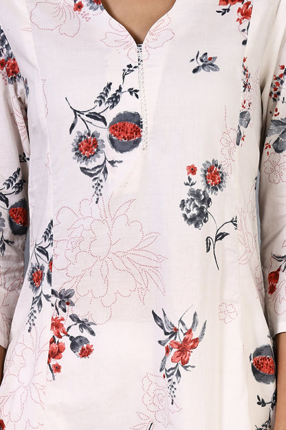 Off White Floral Printed Pure Cotton Flared Kurta