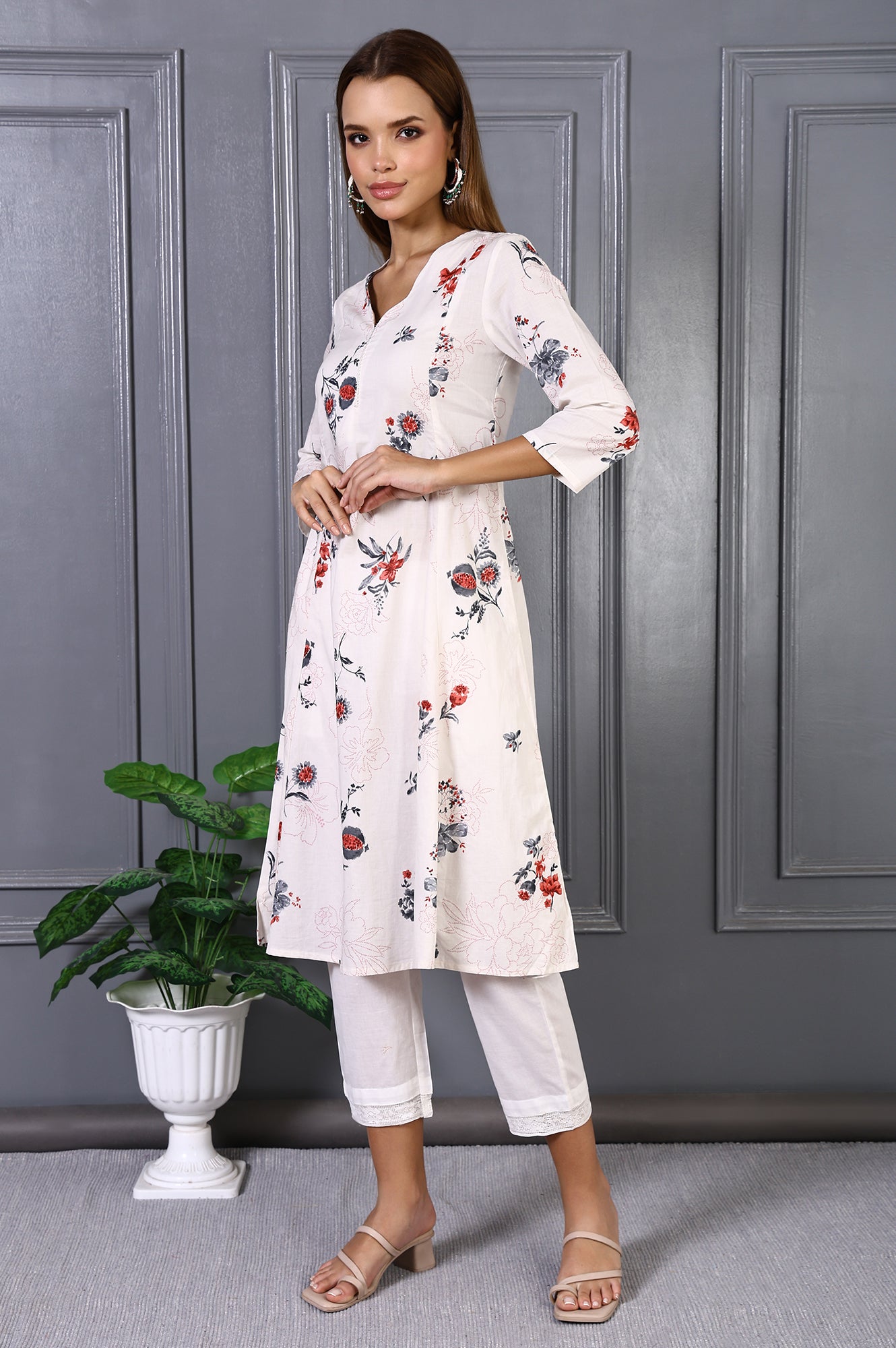 Off White Floral Printed Pure Cotton Flared Kurta