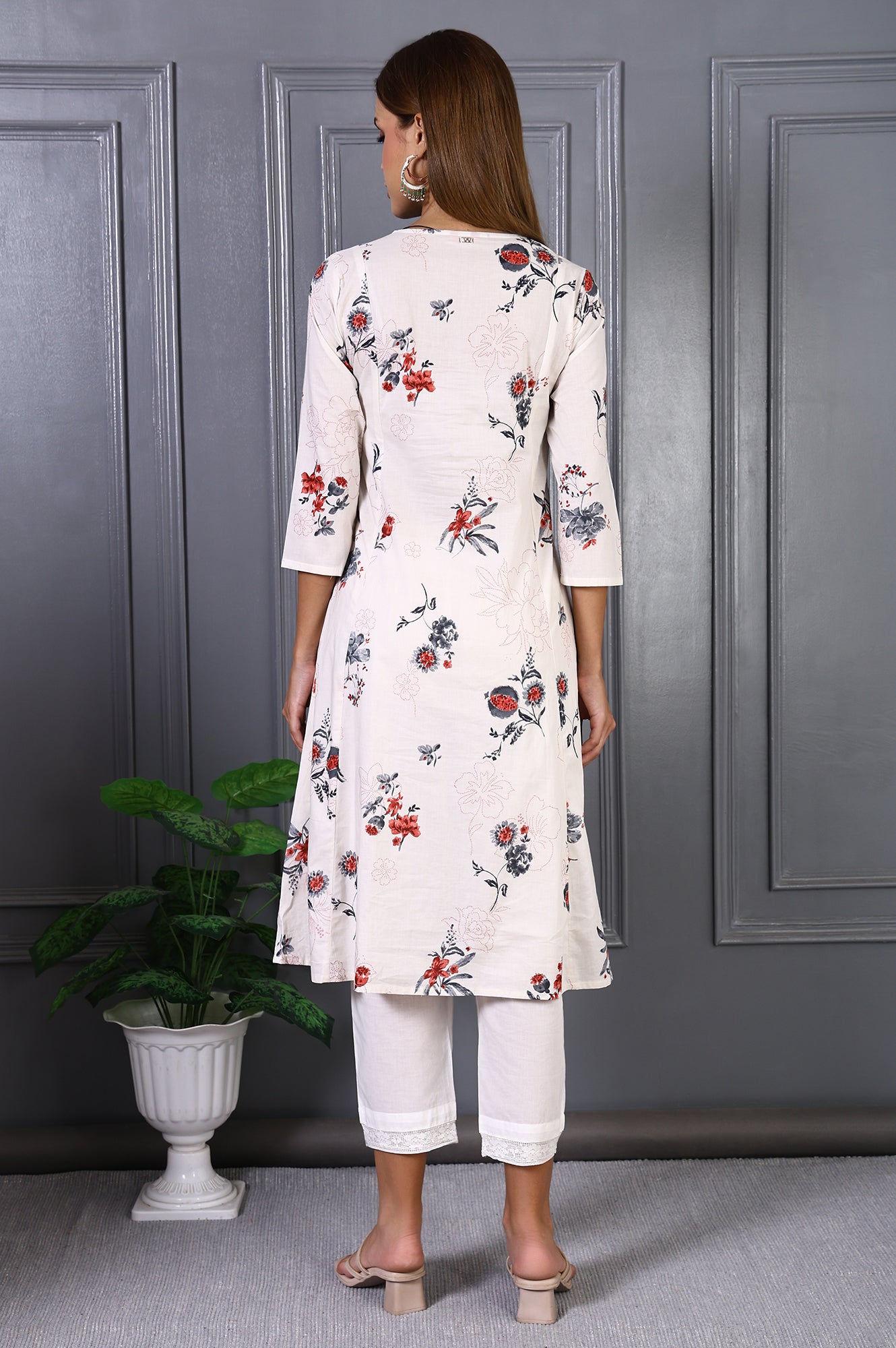 Off White Floral Printed Pure Cotton Flared Kurta