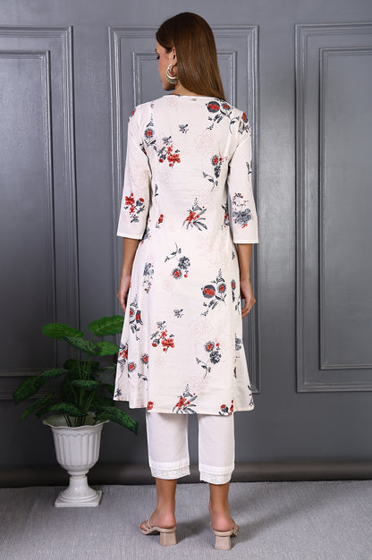 Off White Floral Printed Pure Cotton Flared Kurta