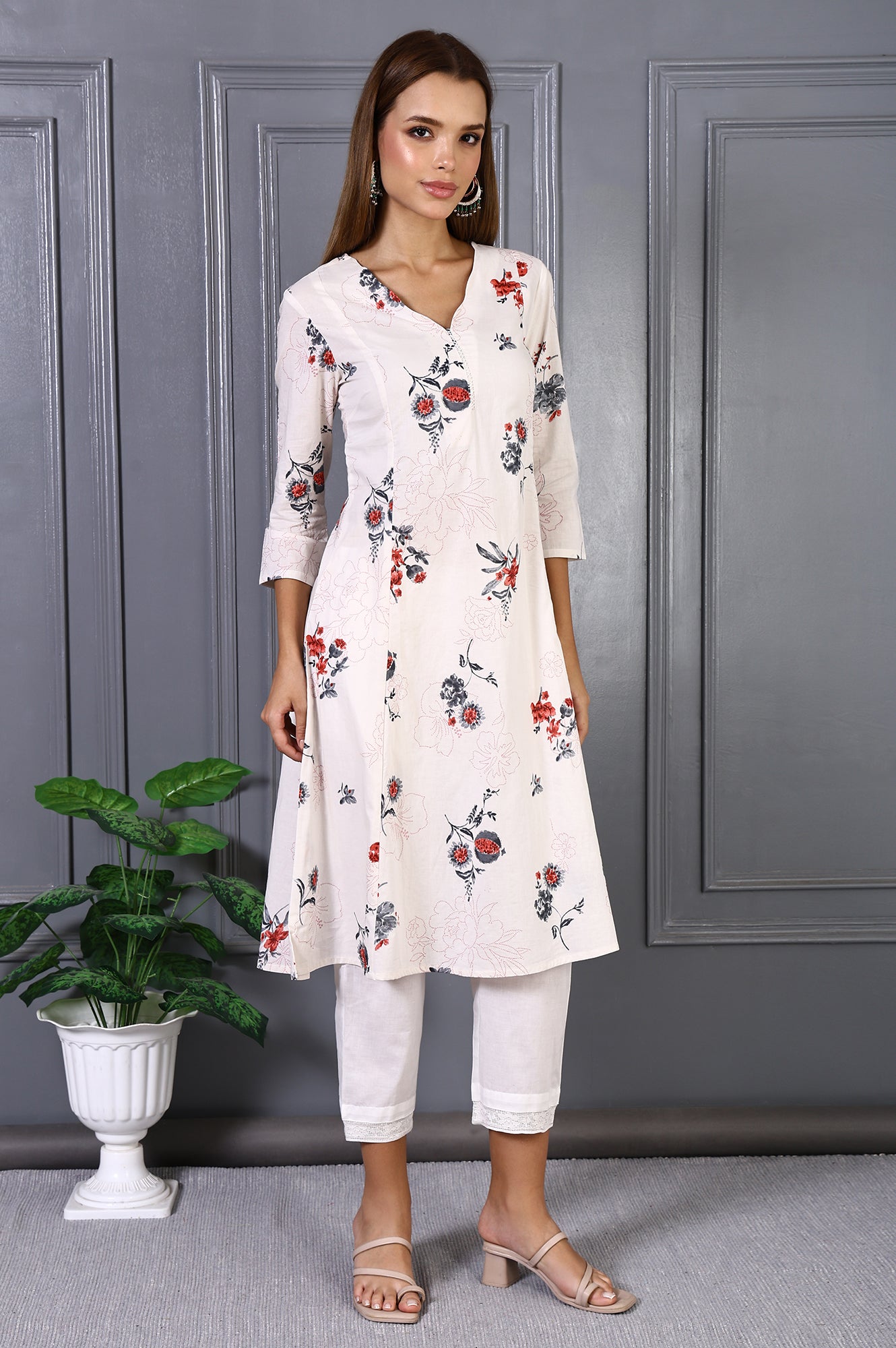 Off White Floral Printed Pure Cotton Flared Kurta