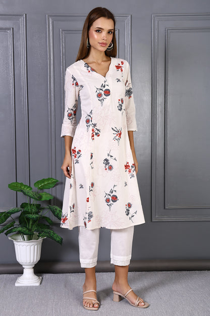 Off White Floral Printed Pure Cotton Flared Kurta