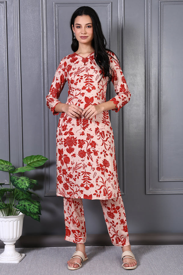 Beige Floral Print Lace Trim A-Line Modal Kurta