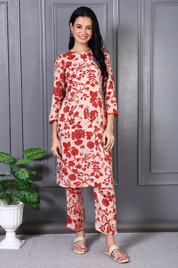Beige Floral Print Lace Trim A-Line Modal Kurta