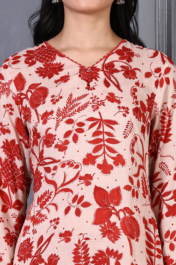 Beige Floral Print Lace Trim A-Line Modal Kurta