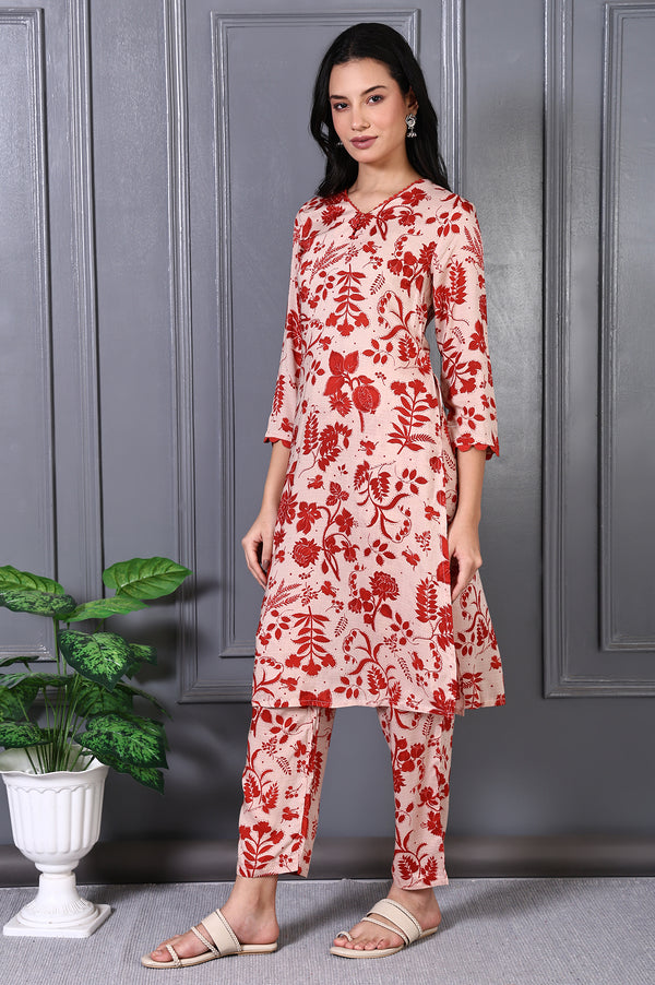 Beige Floral Print Lace Trim A-Line Modal Kurta