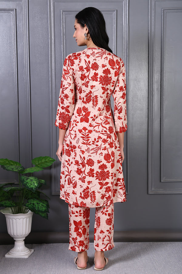 Beige Floral Print Lace Trim A-Line Modal Kurta