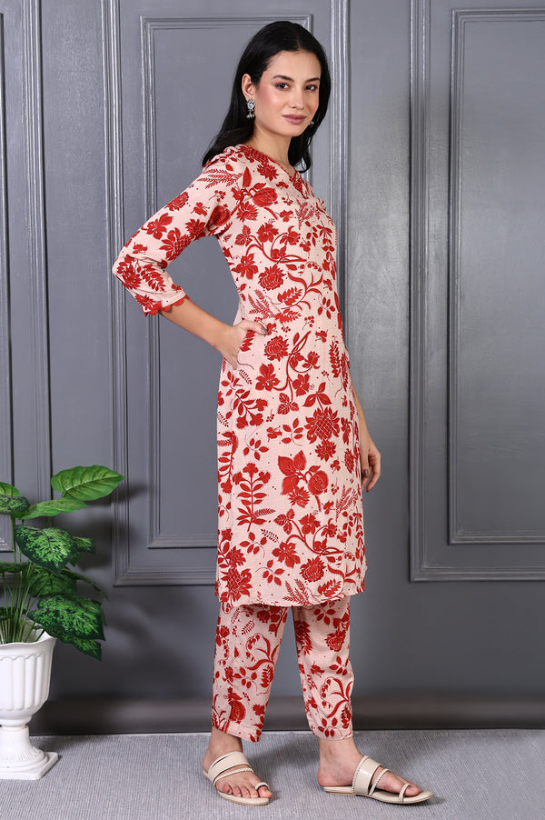 Beige Floral Print Lace Trim A-Line Modal Kurta