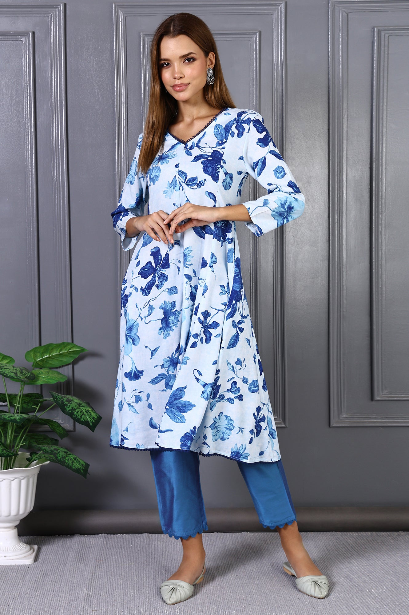 Blue Floral Printed Lace Rayon Flared Kurta