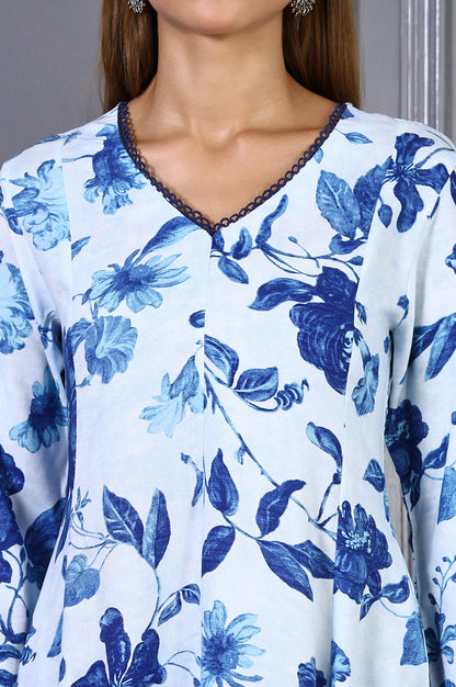 Blue Floral Printed Lace Rayon Flared Kurta