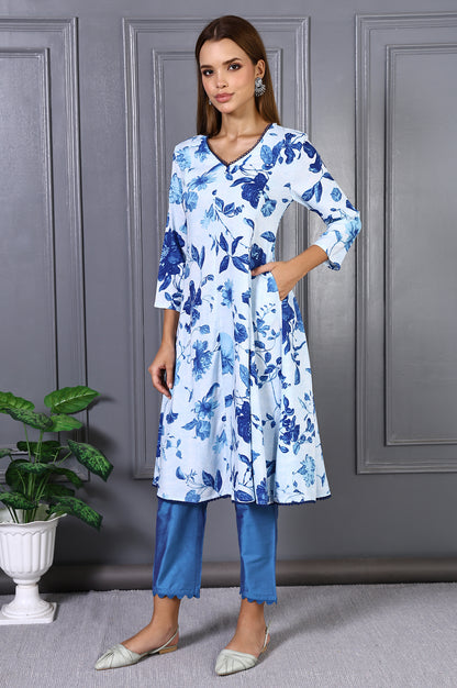 Blue Floral Printed Lace Rayon Flared Kurta