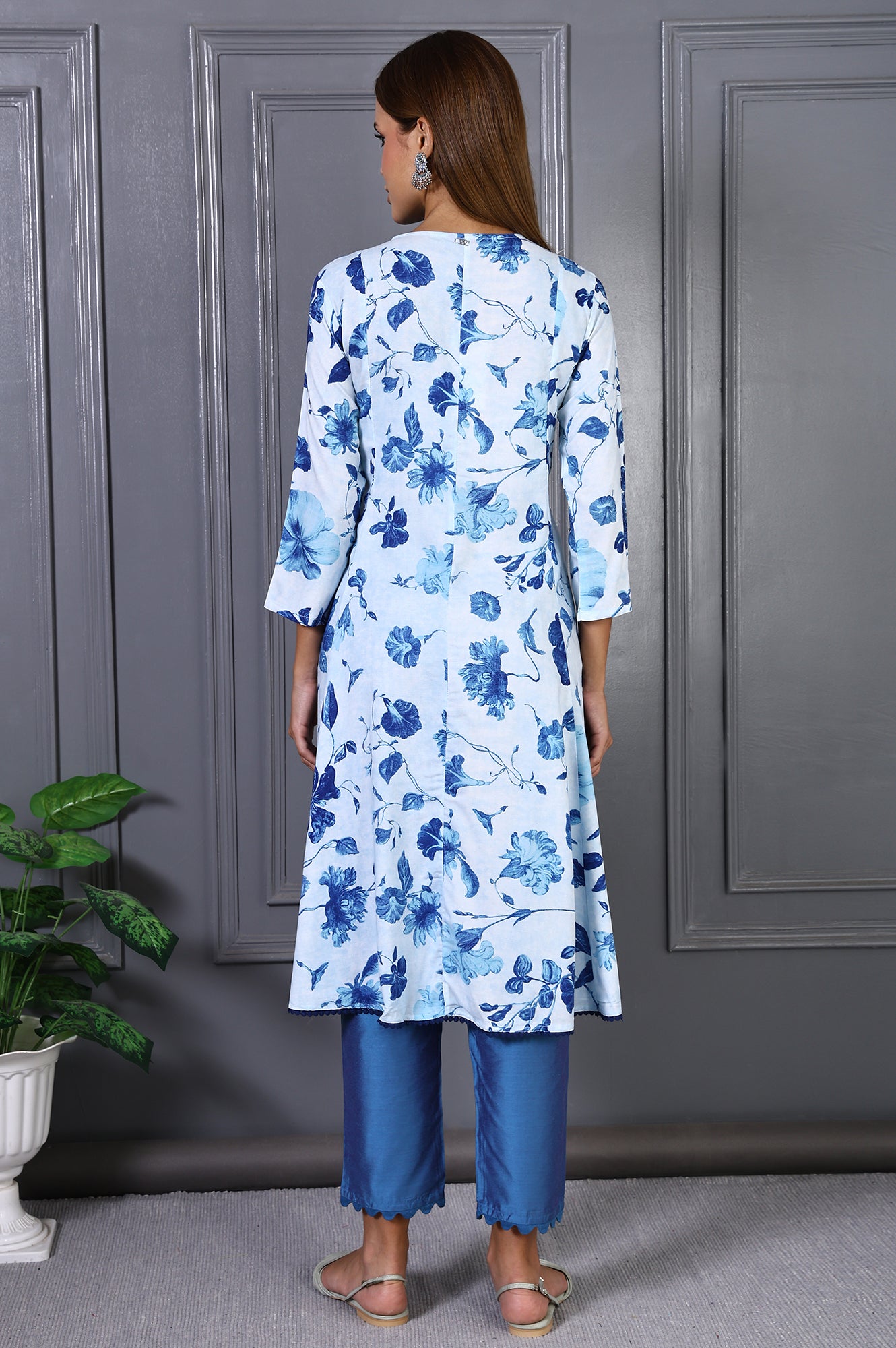 Blue Floral Printed Lace Rayon Flared Kurta