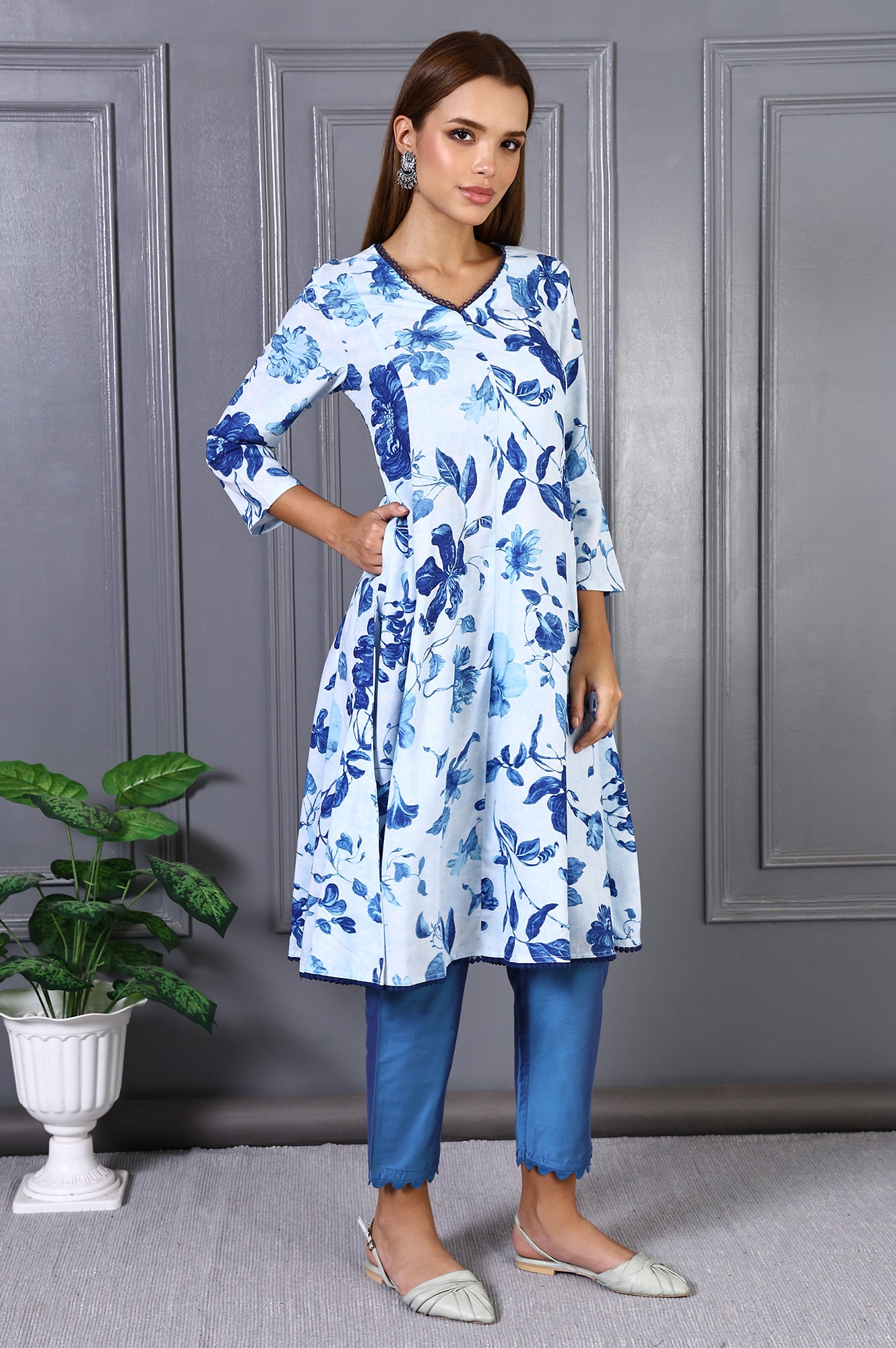 Blue Floral Printed Lace Rayon Flared Kurta