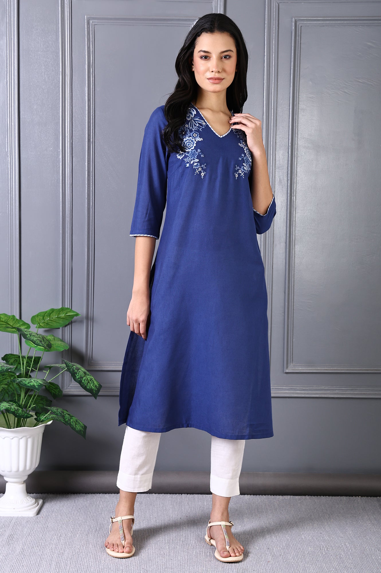 Blue Embroidered Printed Thread Embroidery Rayon Flax A-line Kurta