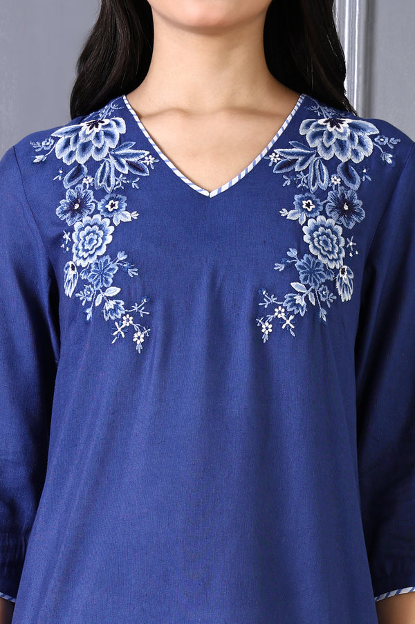 Blue Embroidered Printed Thread Embroidery Rayon Flax A-line Kurta