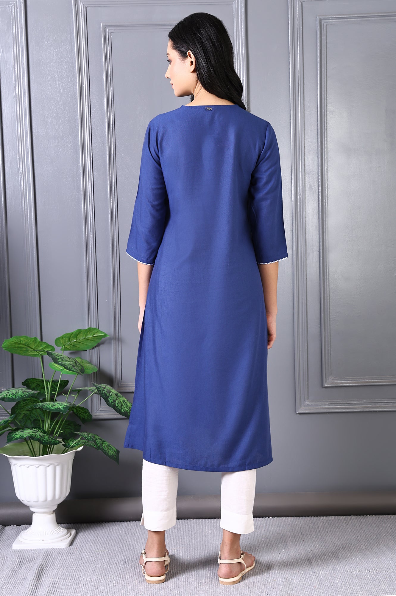 Blue Embroidered Printed Thread Embroidery Rayon Flax A-line Kurta