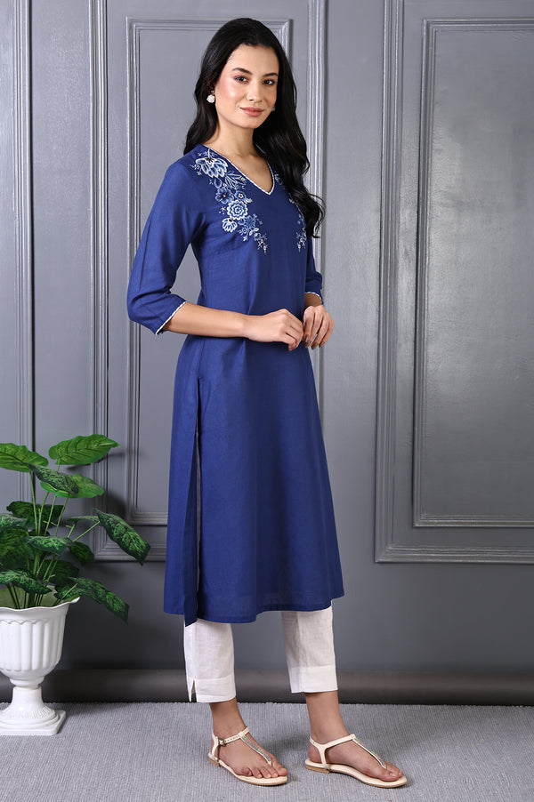 Blue Embroidered Printed Thread Embroidery Rayon Flax A-line Kurta