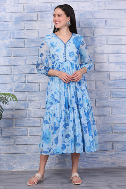 Blue Floral Printed Beaded Dress with Lace