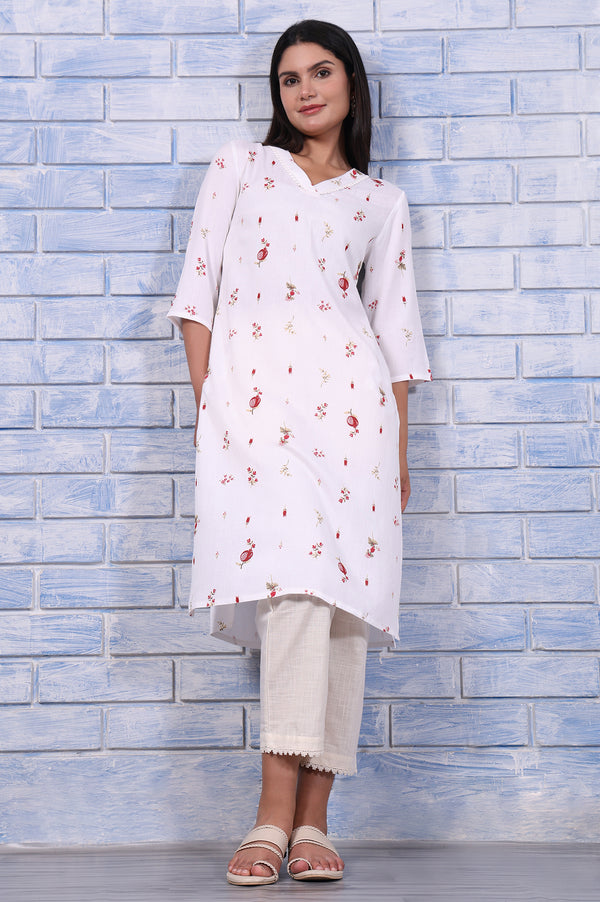 White Floral Printed Rayon Flax Straight Kurta with Lace