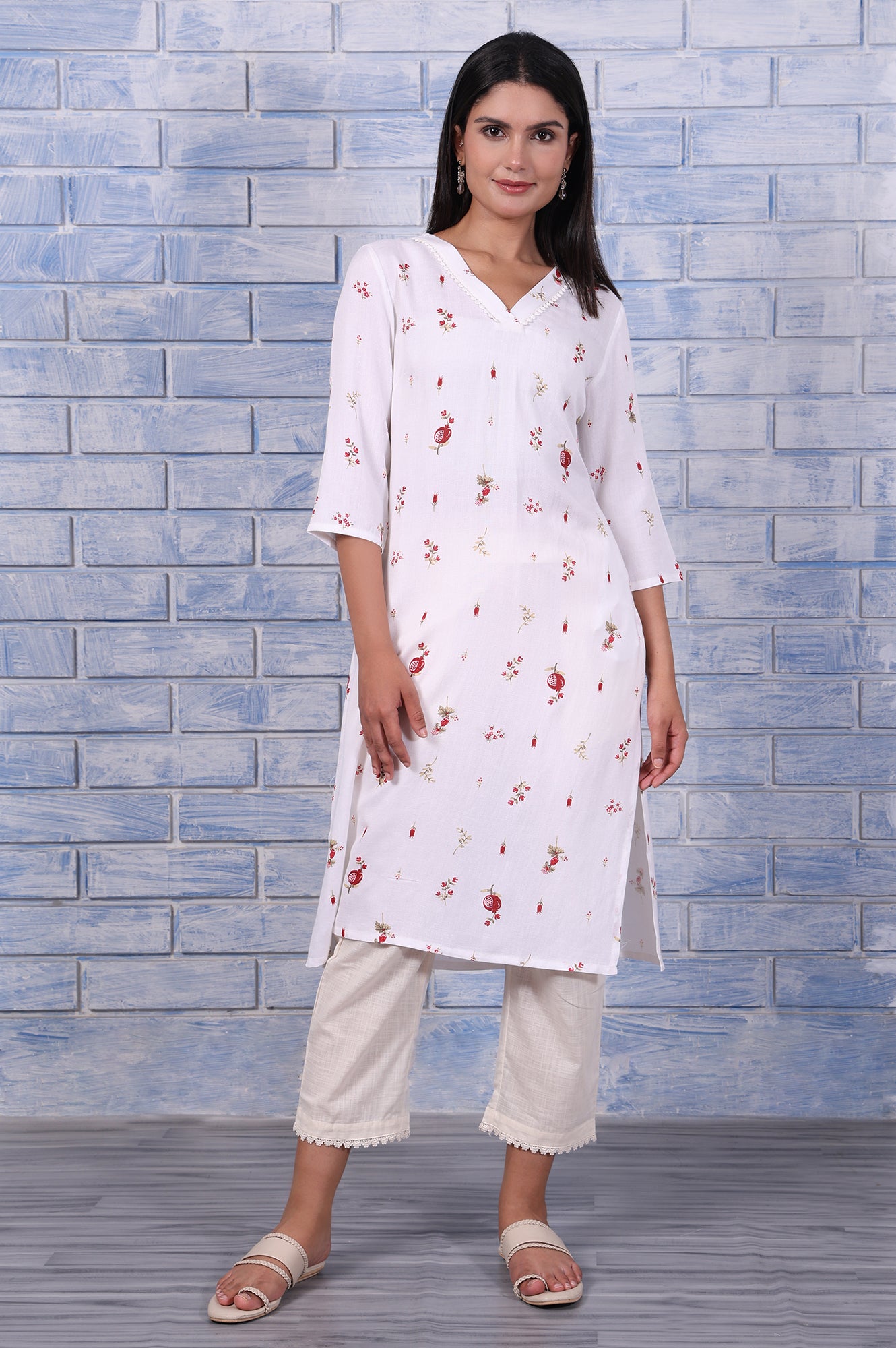 White Floral Printed Rayon Flax Straight Kurta with Lace