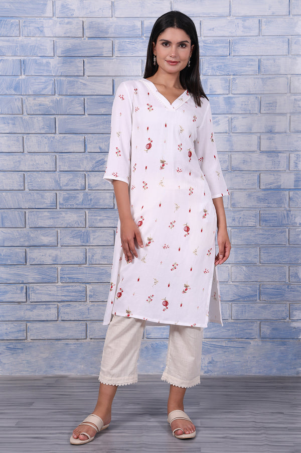 White Floral Printed Rayon Flax Straight Kurta with Lace