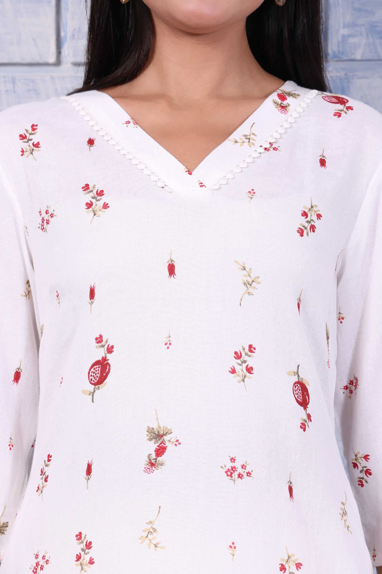 White Floral Printed Rayon Flax Straight Kurta with Lace