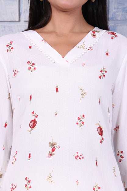 White Floral Printed Rayon Flax Straight Kurta with Lace
