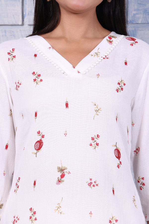 White Floral Printed Rayon Flax Straight Kurta with Lace