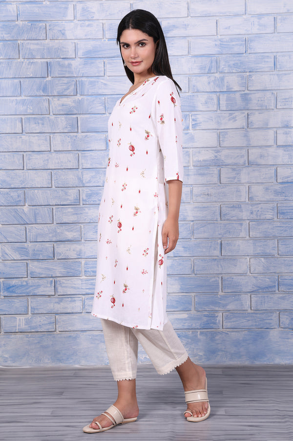 White Floral Printed Rayon Flax Straight Kurta with Lace