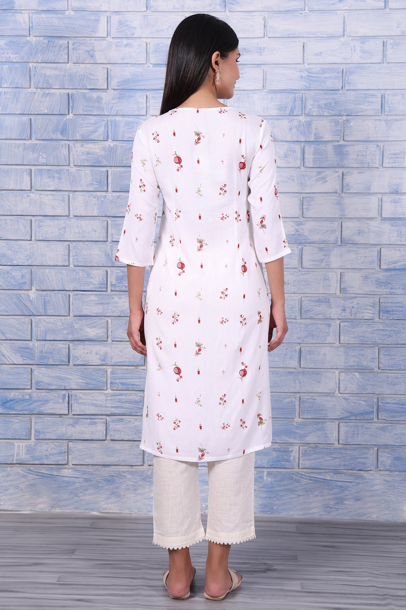 White Floral Printed Rayon Flax Straight Kurta with Lace