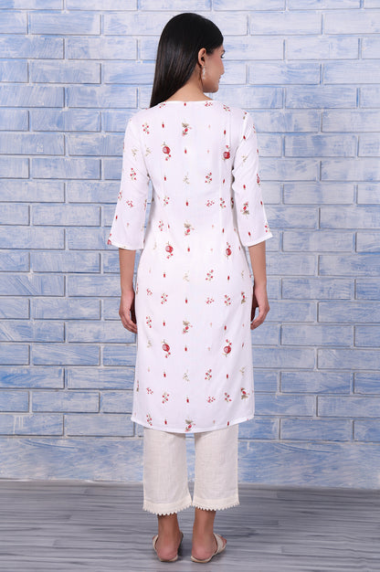 White Floral Printed Rayon Flax Straight Kurta with Lace
