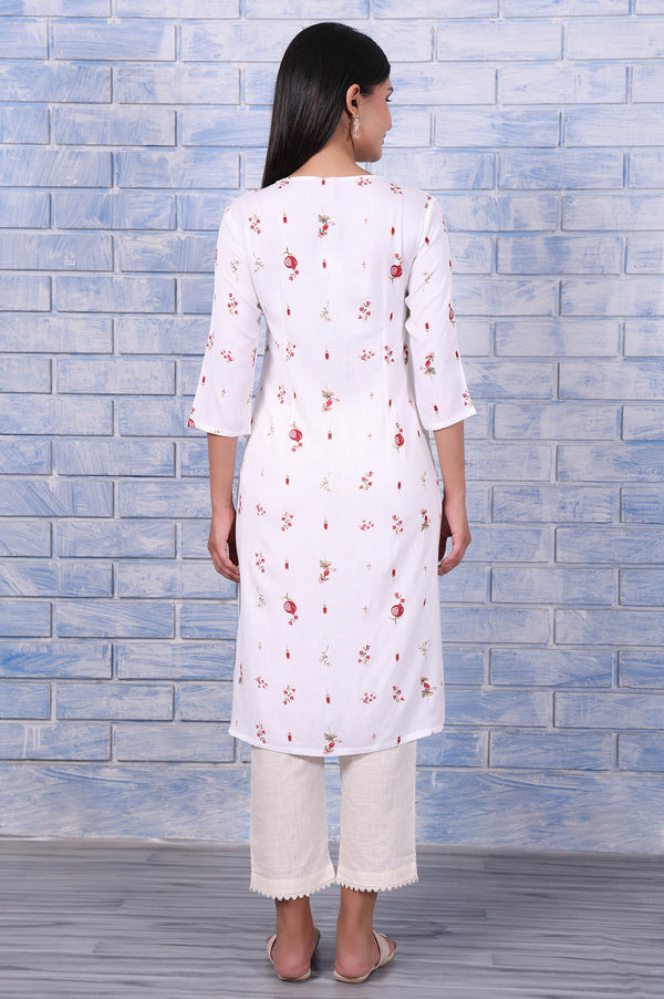 White Floral Printed Rayon Flax Straight Kurta with Lace