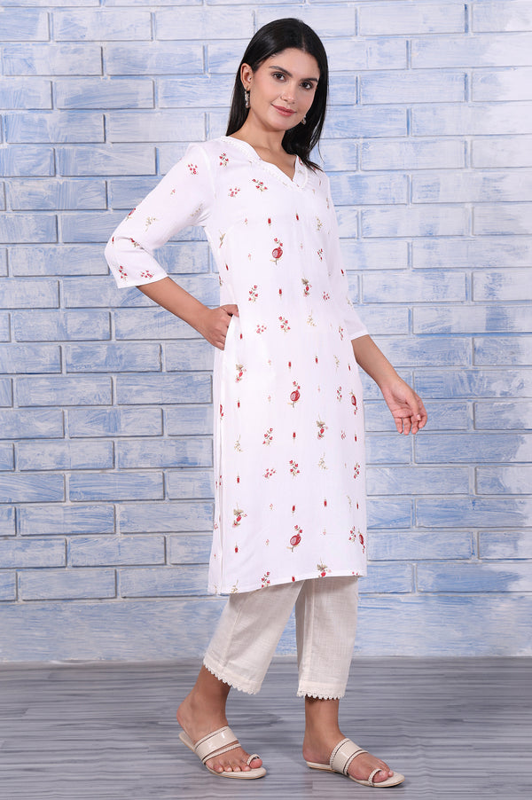 White Floral Printed Rayon Flax Straight Kurta with Lace