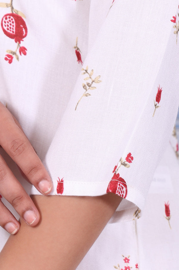 White Floral Printed Rayon Flax Straight Kurta with Lace
