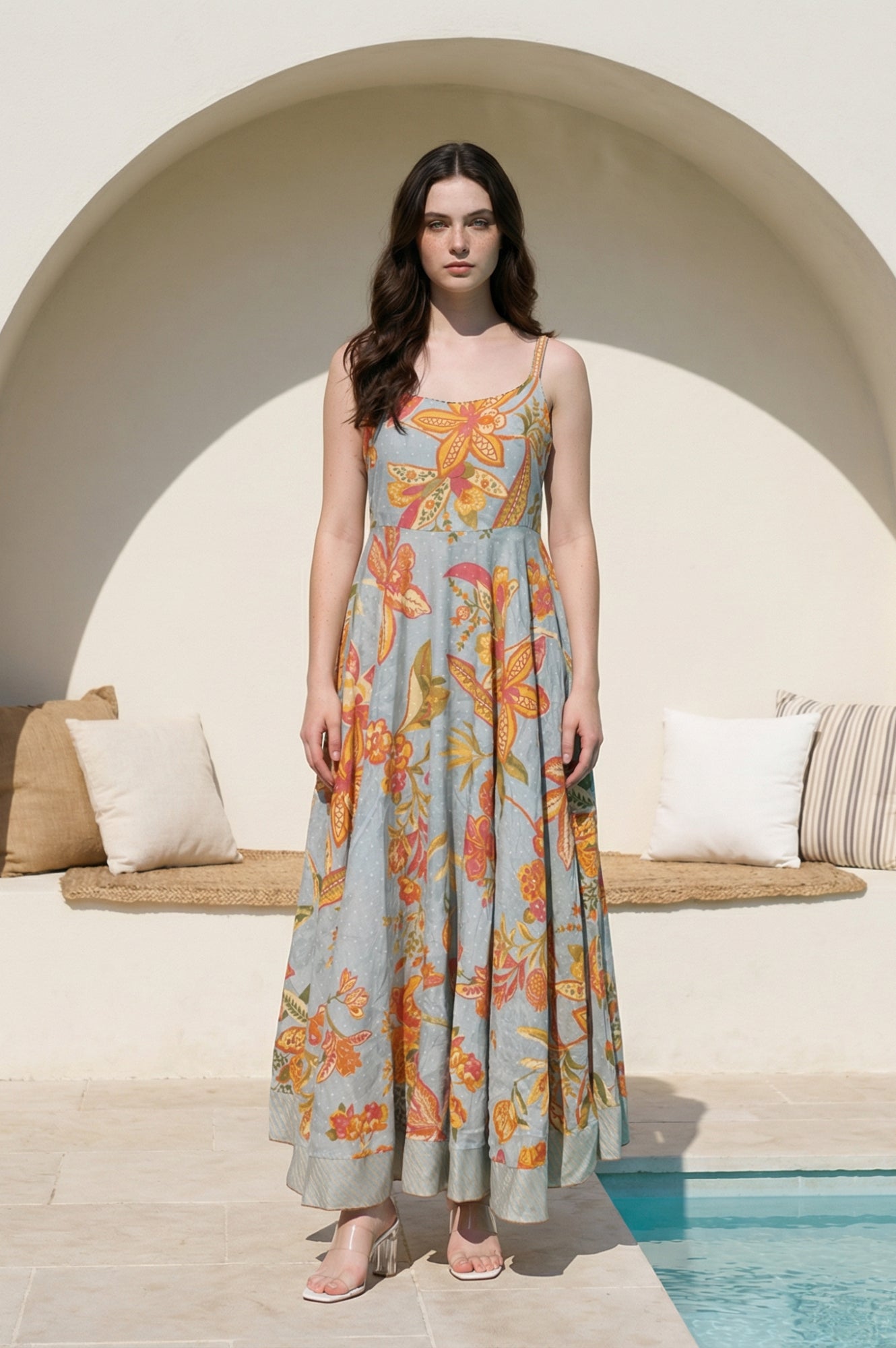 Blue Embroidered Cotton Blend Flared Dress and Gillet Set