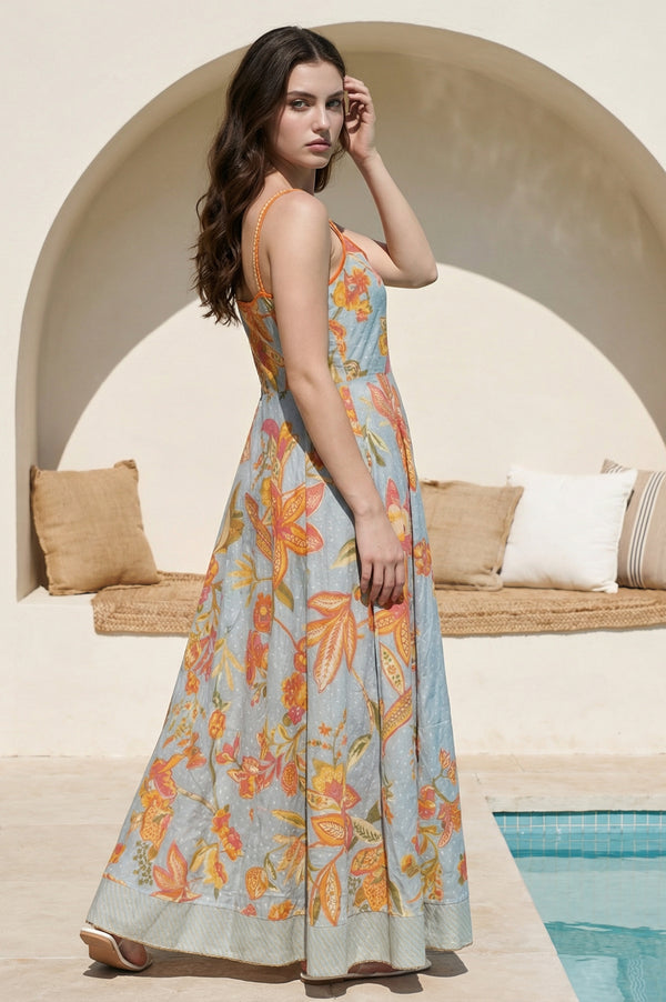 Blue Embroidered Cotton Blend Flared Dress and Gillet Set