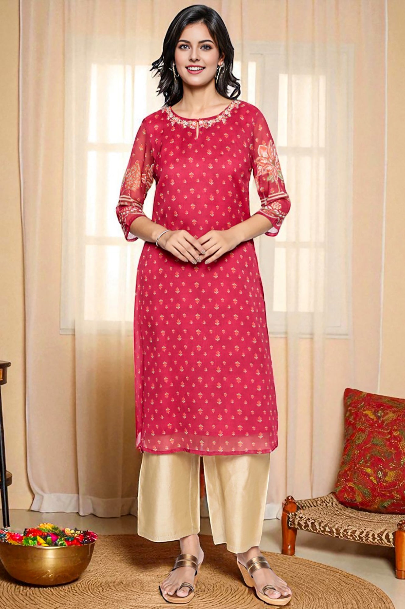 Dark Pink Printed Silver Chiffon Straight Kurta