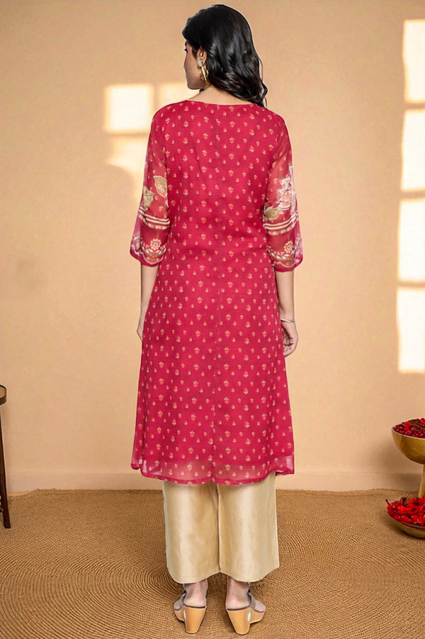 Dark Pink Printed Silver Chiffon Straight Kurta