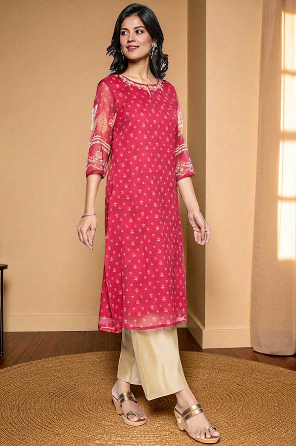 Dark Pink Printed Silver Chiffon Straight Kurta