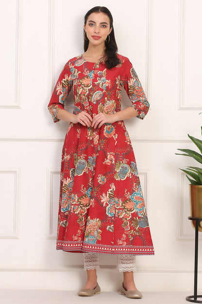 Red Floral Printed Flared Pure Cotton Kurta