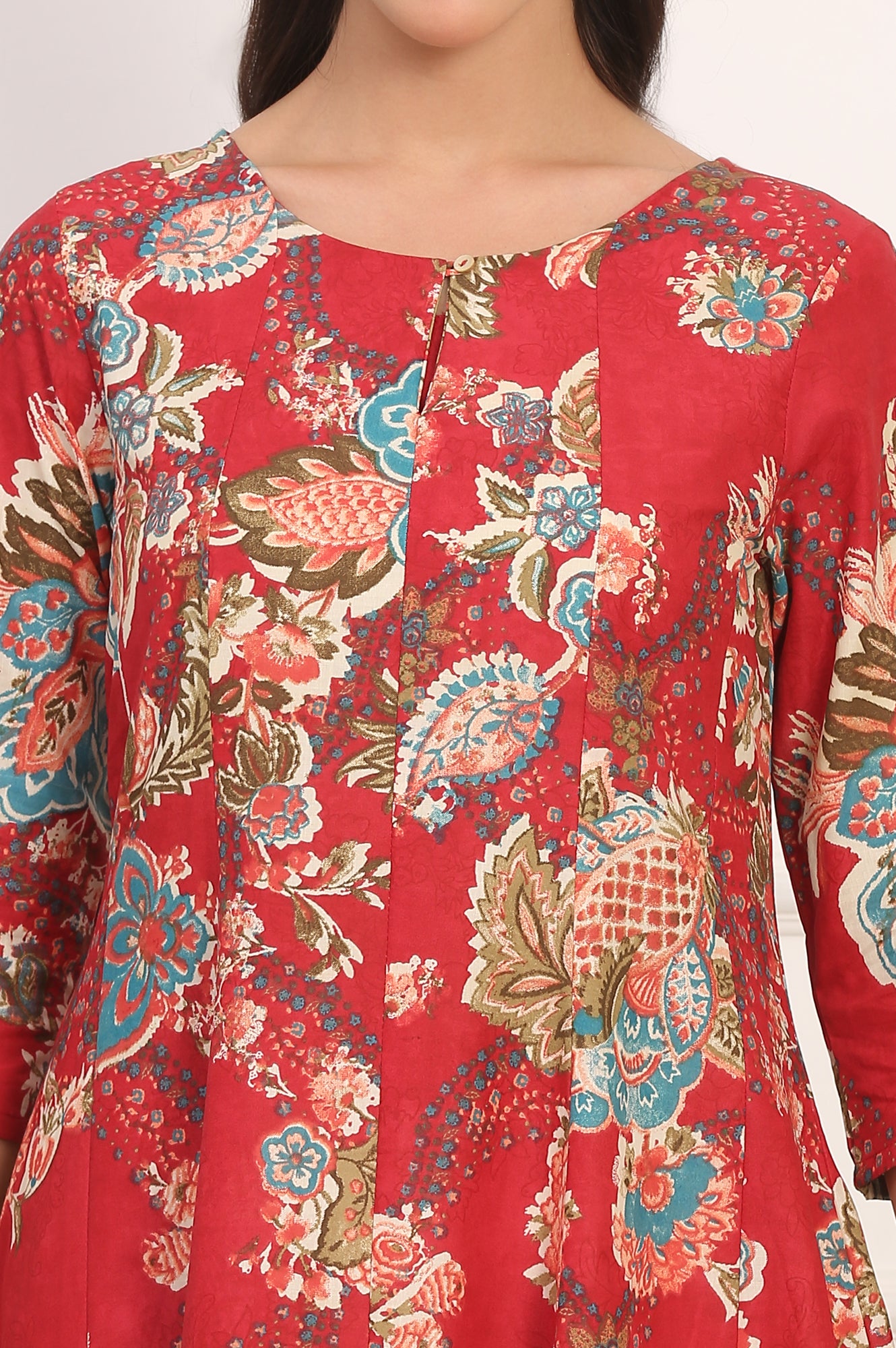 Red Floral Printed Flared Pure Cotton Kurta