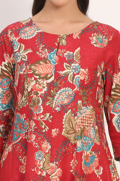 Red Floral Printed Flared Pure Cotton Kurta