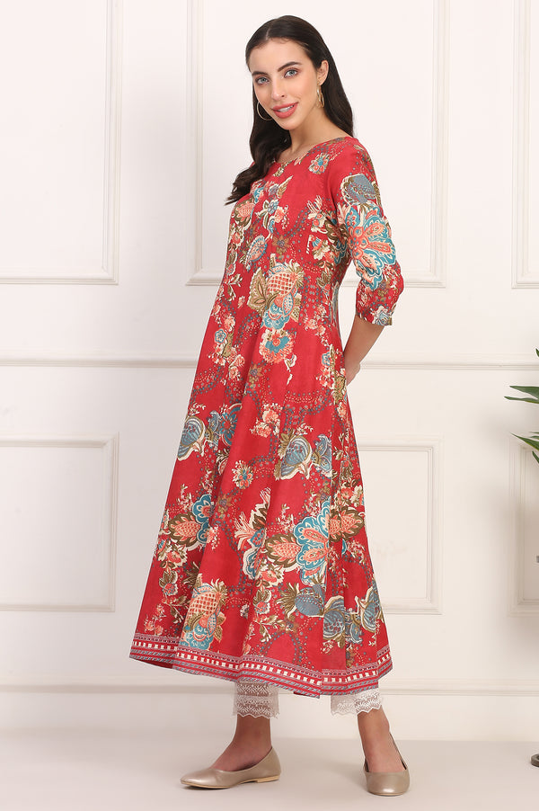 Red Floral Printed Flared Pure Cotton Kurta