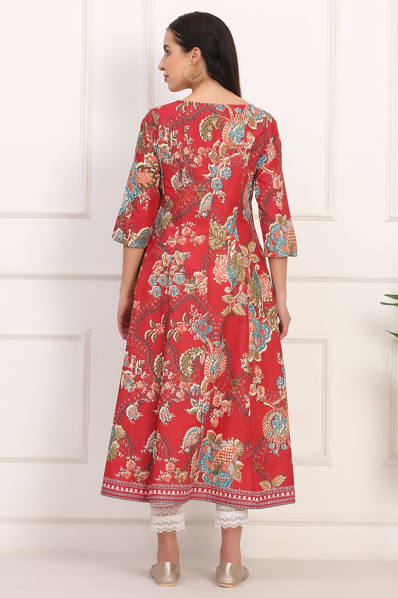 Red Floral Printed Flared Pure Cotton Kurta